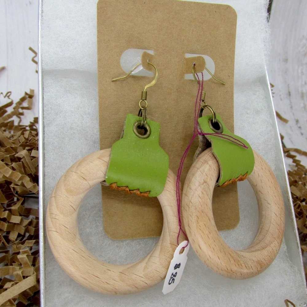 Genuine Leather and Wood Circle Earrings